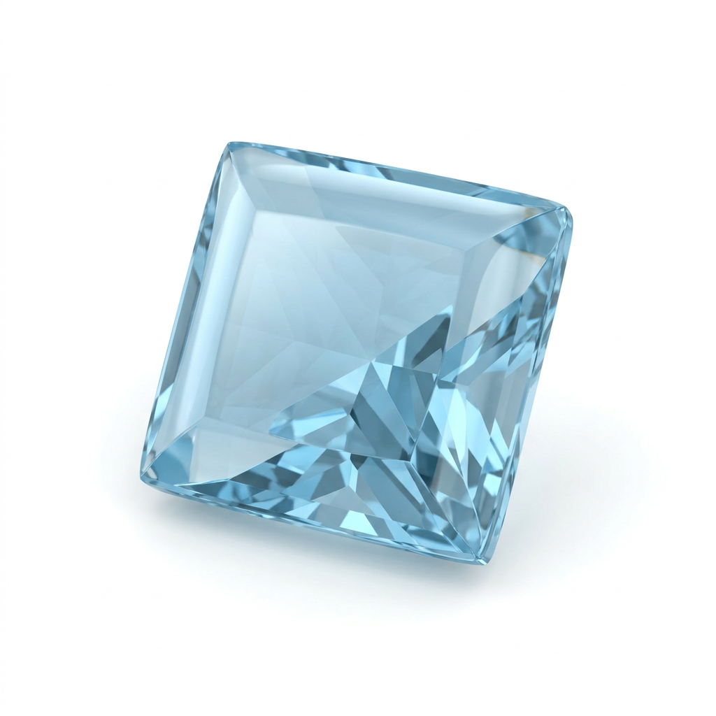 Illustrative 4mm square buff-top blue topaz gemstone on a white background