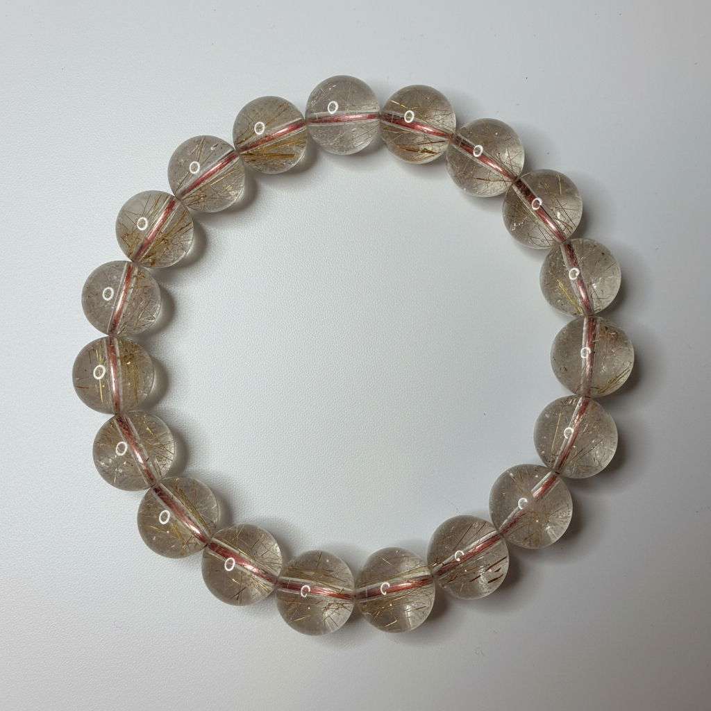 Rutilated Quartz beaded bracelet 10mm clear quartz with red golden rutile needle inclusions