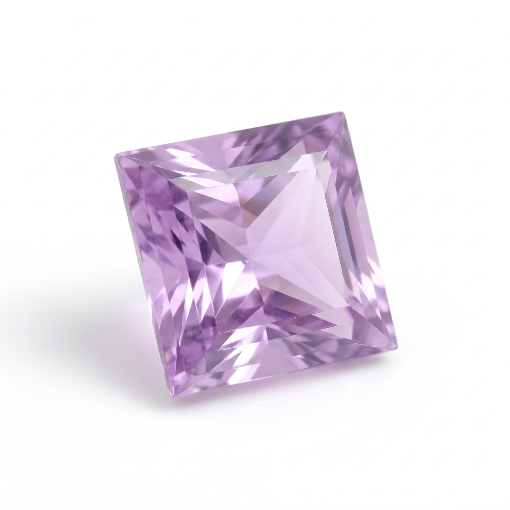 Illustrative light lilac 4.5mm square amethyst gemstone on a white background