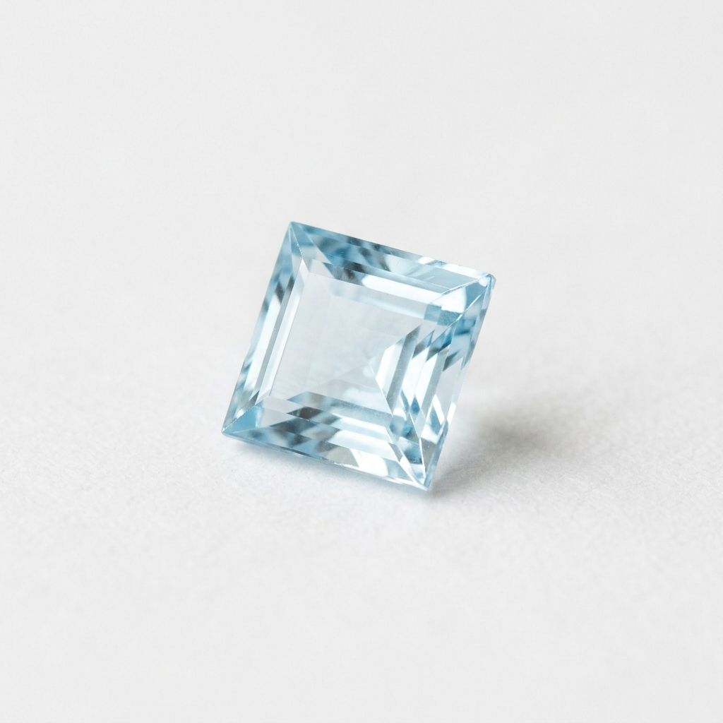 Illustrative 4.5mm square sky blue topaz gemstone on a white background