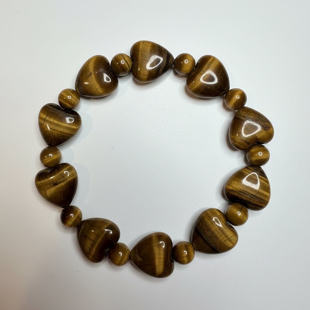 Tiger's Eye heart bead bracelet 10mm overhead view