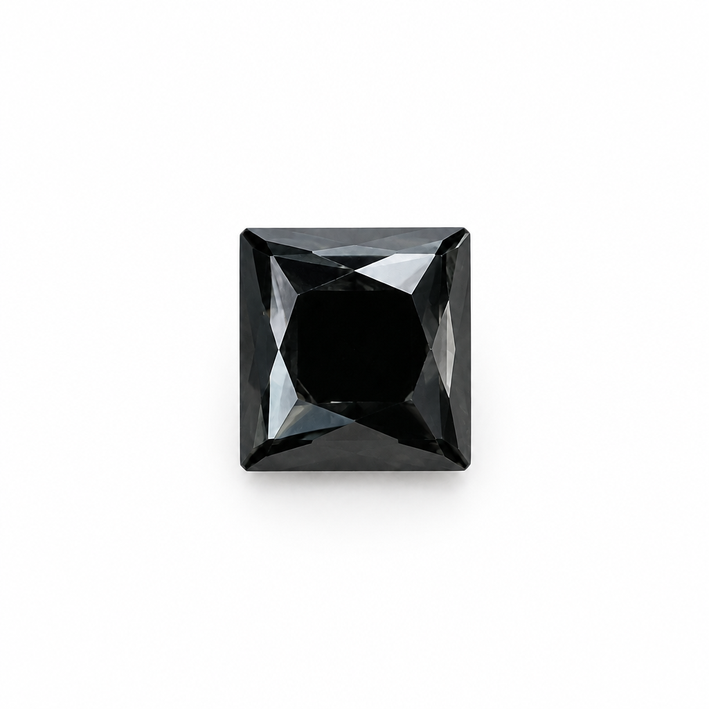 Single loose black diamond approximately 2.9 x 3mm on a pure white background