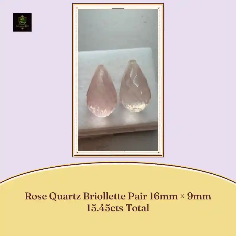 Rose Quartz Briollette Pair 16mm &times; 9mm 15.45cts Total by@Outfy