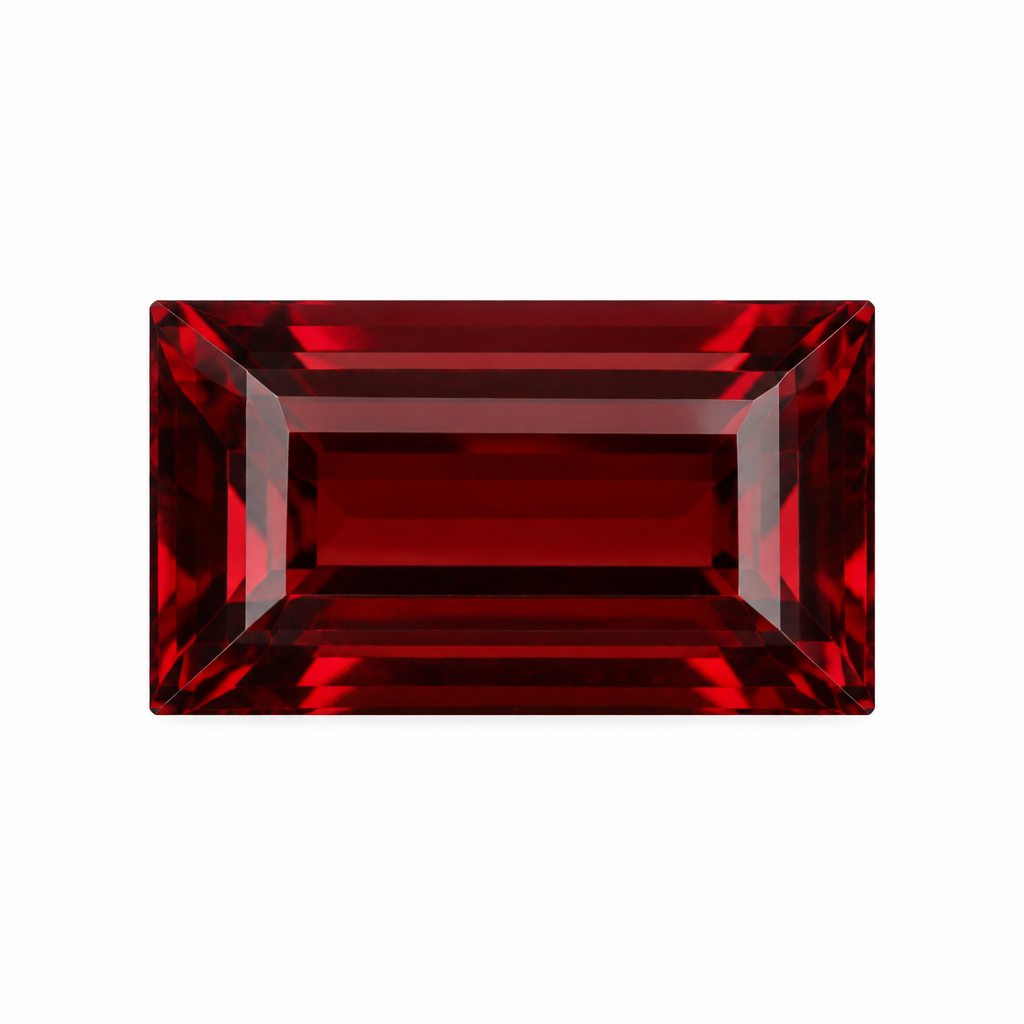 Pyrope garnet baguette with square corners on white background